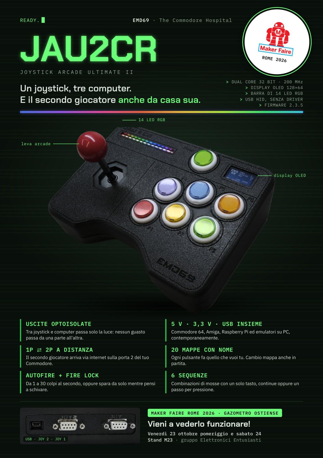 JAU2CR, joystick arcade programmabile, al Maker Faire Rome 2026: stand M23, venerdì 23 ottobre pomeriggio e sabato 24