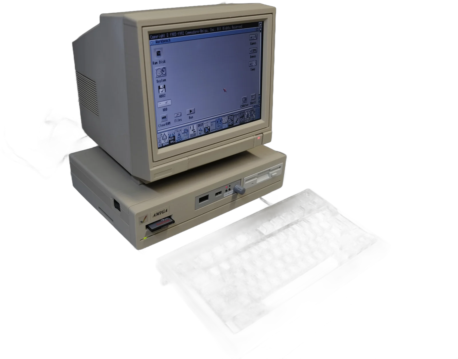 Il monitor 1081SS acceso sul Workbench, sopra la A1600, visto di tre quarti